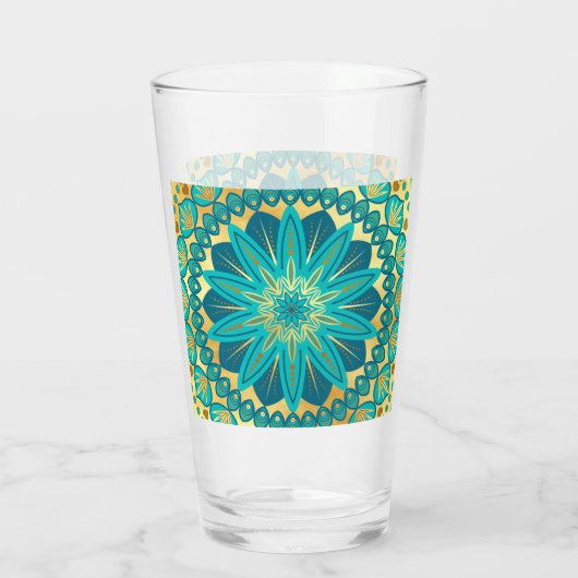 Blauwe Goud Bloem Mandala Glas (Achterkant)