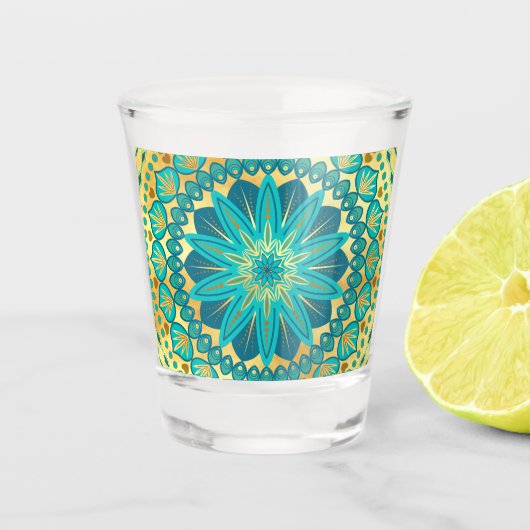 Blauwe Goud Bloem Mandala Shot Glas (Voorkant)
