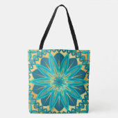 Blauwe Goud Bloem Mandala Tote Bag (Voorkant)