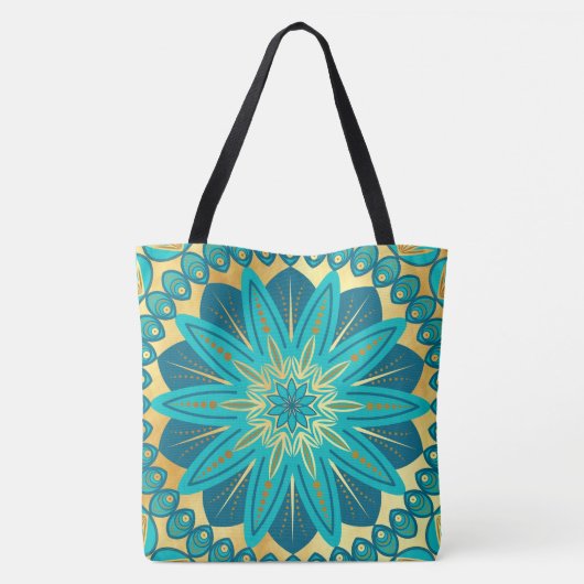 Blauwe Goud Bloem Mandala Tote Bag (Achterkant)