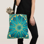 Blauwe Goud Bloem Mandala Tote Bag (Dichtbij)