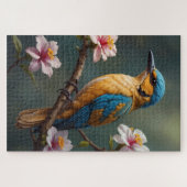 Blauwe Goud Vogel met Witte Bloemen Legpuzzel (Horizontaal)