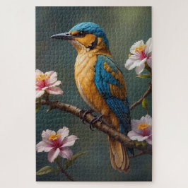 Blauwe Goud Vogel met Witte Bloemen Legpuzzel