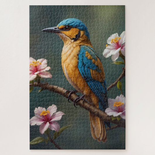 Blauwe Goud Vogel met Witte Bloemen Legpuzzel (Verticaal)