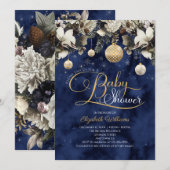 Blauwe goudbloem Ornamenten Kerstmis Baby shower Kaart (Voorkant / Achterkant)