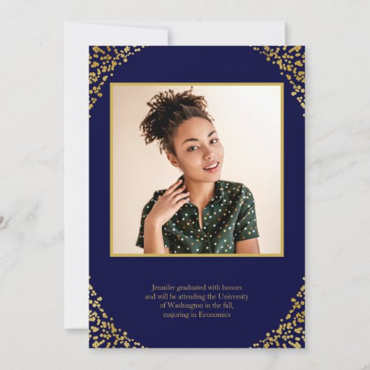 Blauwe goudConfetti Foto Afstuderen Aankondiging (Achterkant)