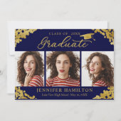 Blauwe goudConfetti Foto Afstuderen Aankondiging (Voorkant)