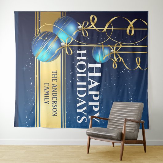 Blauwe gouden ballen  kerstcadeautjes wandkleed (In Situ (horizontaal))