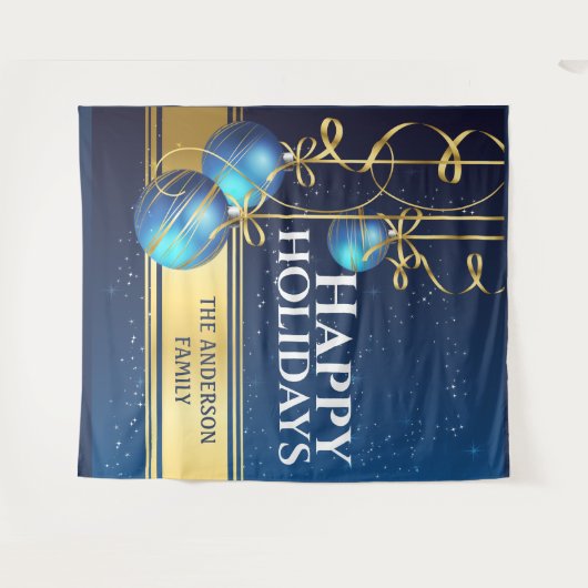 Blauwe gouden ballen  kerstcadeautjes wandkleed (Voorkant (horizontaal))