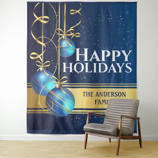Blauwe gouden ballen  kerstcadeautjes wandkleed (In situ)
