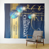 Blauwe gouden ballen Kerstman slee rendieren kerst Wandkleed (In Situ (horizontaal))