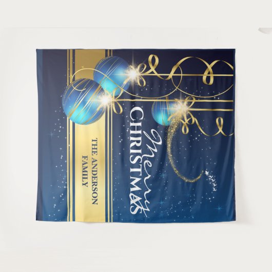 Blauwe gouden ballen Kerstman slee rendieren kerst Wandkleed (Voorkant (horizontaal))