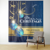Blauwe gouden ballen Kerstman slee rendieren kerst Wandkleed (In situ)