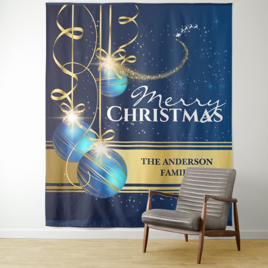 Blauwe gouden ballen Kerstman slee rendieren kerst Wandkleed (In situ)