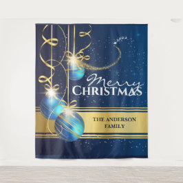 Blauwe gouden ballen Kerstman slee rendieren kerst Wandkleed