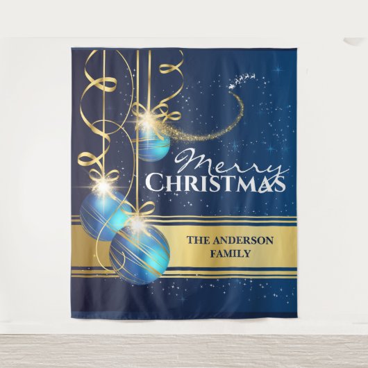 Blauwe gouden ballen Kerstman slee rendieren kerst Wandkleed (Voorkant)