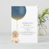 Blauwe gouden ballon Teddy Bear Baby Boy 1e verjaa Kaart (Staand voorkant)