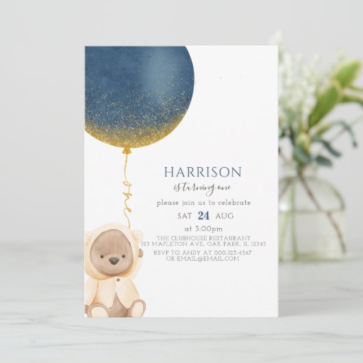 Blauwe gouden ballon Teddy Bear Baby Boy 1e verjaa Kaart (Staand voorkant)