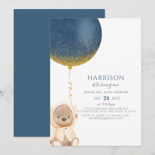 Blauwe gouden ballon Teddy Bear Baby Boy 1e verjaa Kaart (Voorkant / Achterkant)