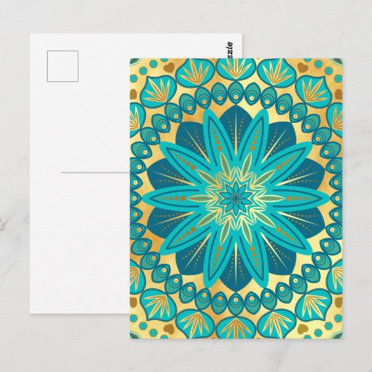 Blauwe Gouden Bloem Mandala Briefkaart (Voorkant / Achterkant)