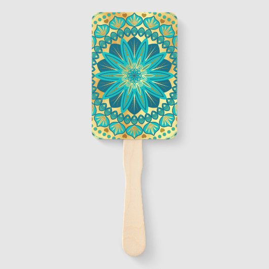 Blauwe Gouden Bloem Mandala Handwaaier (Voorkant)
