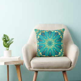 Blauwe Gouden Bloem Mandala Kussen