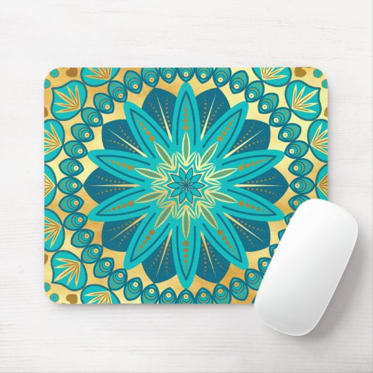 Blauwe Gouden Bloem Mandala Muismat (Met muis)
