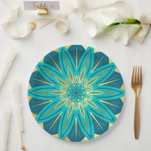 Blauwe Gouden Bloem Mandala Papieren Bordje