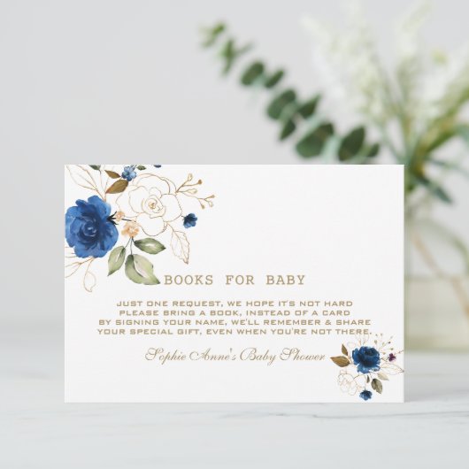 Blauwe Gouden Bloemen Brengen Een Boek Informatiekaartje (Staand voorkant)