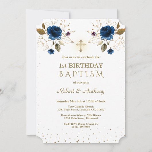 Blauwe gouden bloemen jongens tweetjes 1e verjaard kaart (Voorkant)