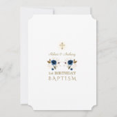 Blauwe gouden bloemen jongens tweetjes 1e verjaard kaart (Achterkant)