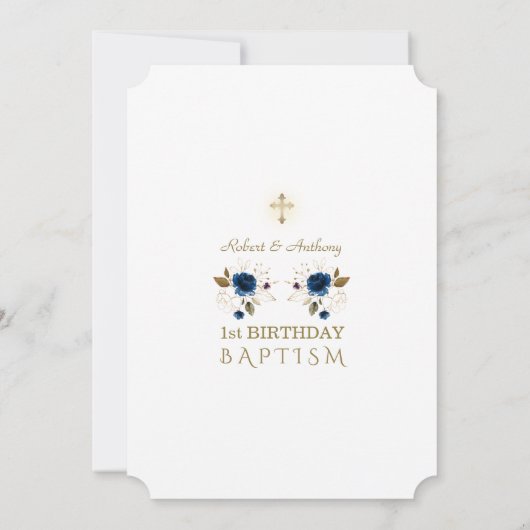 Blauwe gouden bloemen jongens tweetjes 1e verjaard kaart (Achterkant)