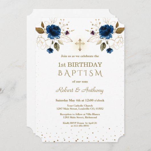 Blauwe gouden bloemen jongens tweetjes 1e verjaard kaart (Voorkant / Achterkant)