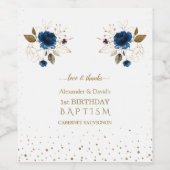 Blauwe gouden bloemen jongens tweetjes 1e verjaard wijn etiket (Enkel label)