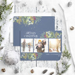 Blauwe gouden botanische foto met prettige kerstma feestdagenkaart<br><div class="desc">Op zoek naar een unieke vakantiekaart die echt opvalt? Bekijk onze favoriete kerstmarinier Blue Gold Winter Greenery Botanical Photo Holiday Card! Deze mooie kaart bevat drie van je favoriete foto's, omgeven door feestelijke rode en groene wintermotieven op een blauw marinesoldaat. De moderne typografie voltooit de blik, makend deze één vakantiekaart...</div>