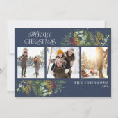 Blauwe gouden botanische foto met prettige kerstma feestdagenkaart (Voorkant)