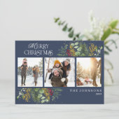 Blauwe gouden botanische foto met prettige kerstma feestdagenkaart (Staand voorkant)