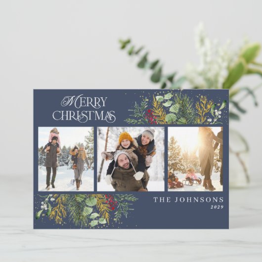 Blauwe gouden botanische foto met prettige kerstma feestdagenkaart (Staand voorkant)