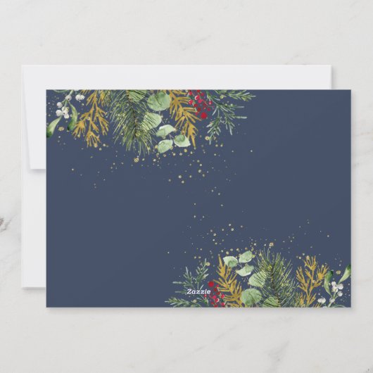 Blauwe gouden botanische foto met prettige kerstma feestdagenkaart (Achterkant)