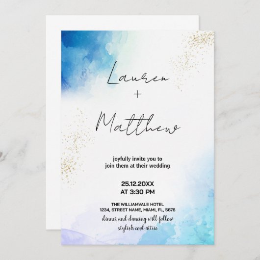 Blauwe gouden bruiloft uitnodigingen (Voorkant / Achterkant)