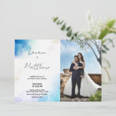 Blauwe Gouden Bruiloft Uitnodigingen met foto (Staand voorkant)