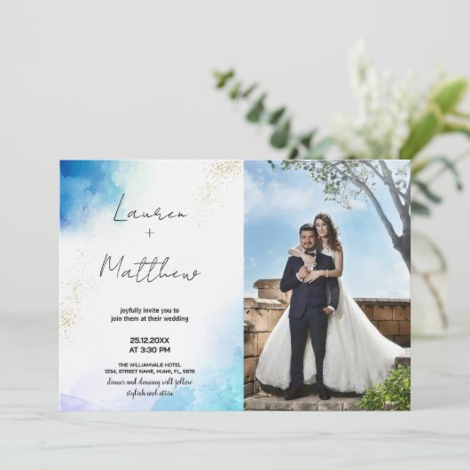 Blauwe Gouden Bruiloft Uitnodigingen met foto (Staand voorkant)
