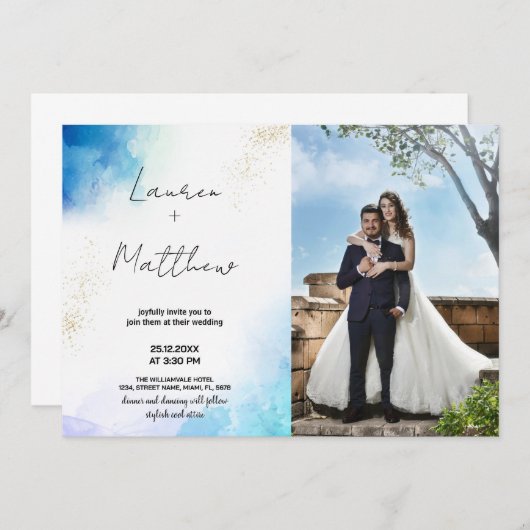 Blauwe Gouden Bruiloft Uitnodigingen met foto (Voorkant / Achterkant)