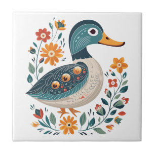 Blauwe Gouden Eend Scandinavische Folk Art Tegeltje