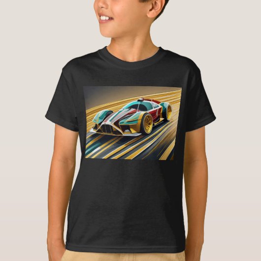 Blauwe, gouden en rode raceauto t-shirt (Voorkant)