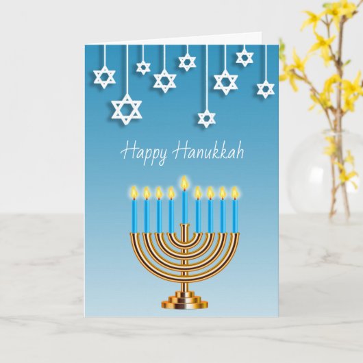 Blauwe Gouden en Witte Gelukkige Chanoeka Menorah Kaart (Gele Bloem)