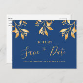 Blauwe gouden florale botanische bruiloft Bespaar  Briefkaart (Voorkant / Achterkant)