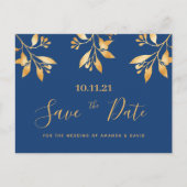 Blauwe gouden florale botanische bruiloft Bespaar  Briefkaart (Voorkant)