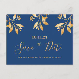 Blauwe gouden florale botanische bruiloft Bespaar  Briefkaart