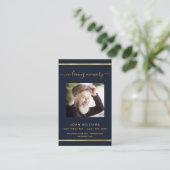 Blauwe gouden foto-elegante begrafeniskaart visitekaartje (Staand voorkant)